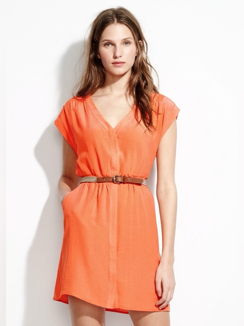 Madewell Broadway & Broome 100% Silk Tangerine Orange Mini Dress Pockets Vneck 2